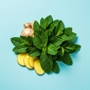 mint leaves and slices of ginger root
